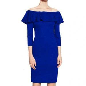 NWT Royal Blue Off-the-Shoulder Ruffled Flounce Long Sleeve Dress Sizes M, L